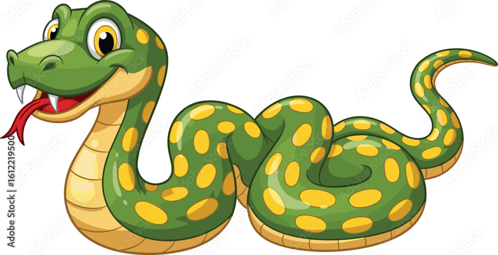 Naklejka premium Cartoon green snake with yellow spots and red tongue, coiled reptile character, vector illustration, cad drawing, playful jungle animal
