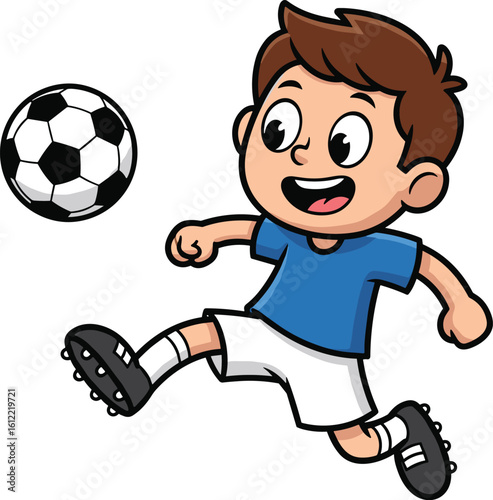 Cartoon boy playing soccer, kicking ball action, cad drawing, happy character pose, flat vector illustration, cleats and athletic motion