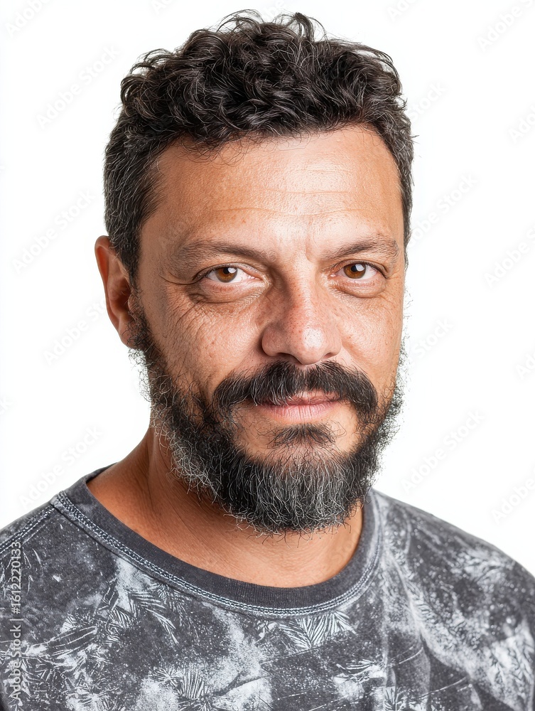 Fototapeta premium Attractive mid aged mature Brazilian man with a friendly demeanor, facing the camera, isolated on white background.