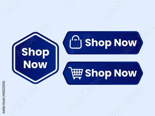 Collection of three dark blue shop now buttons with different shapes isolated on white background
