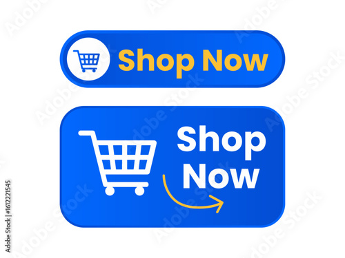 Two blue rounded rectangle buttons with shopping cart icons and shop now text isolated on white background