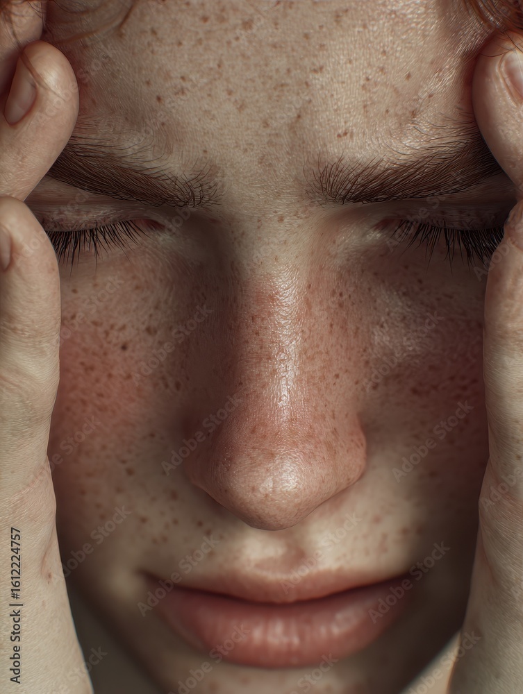 Naklejka premium A close-up of a person experiencing a headache, gripping their forehead in discomfort, highlighting feelings of stress.