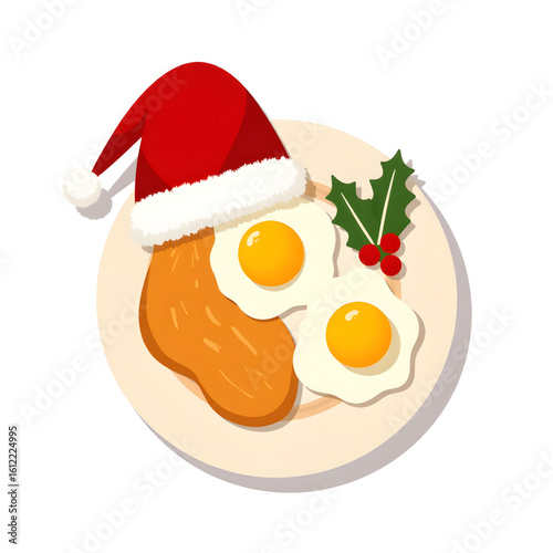 Christmas breakfast plate with eggs and chicken in Santa hat  
