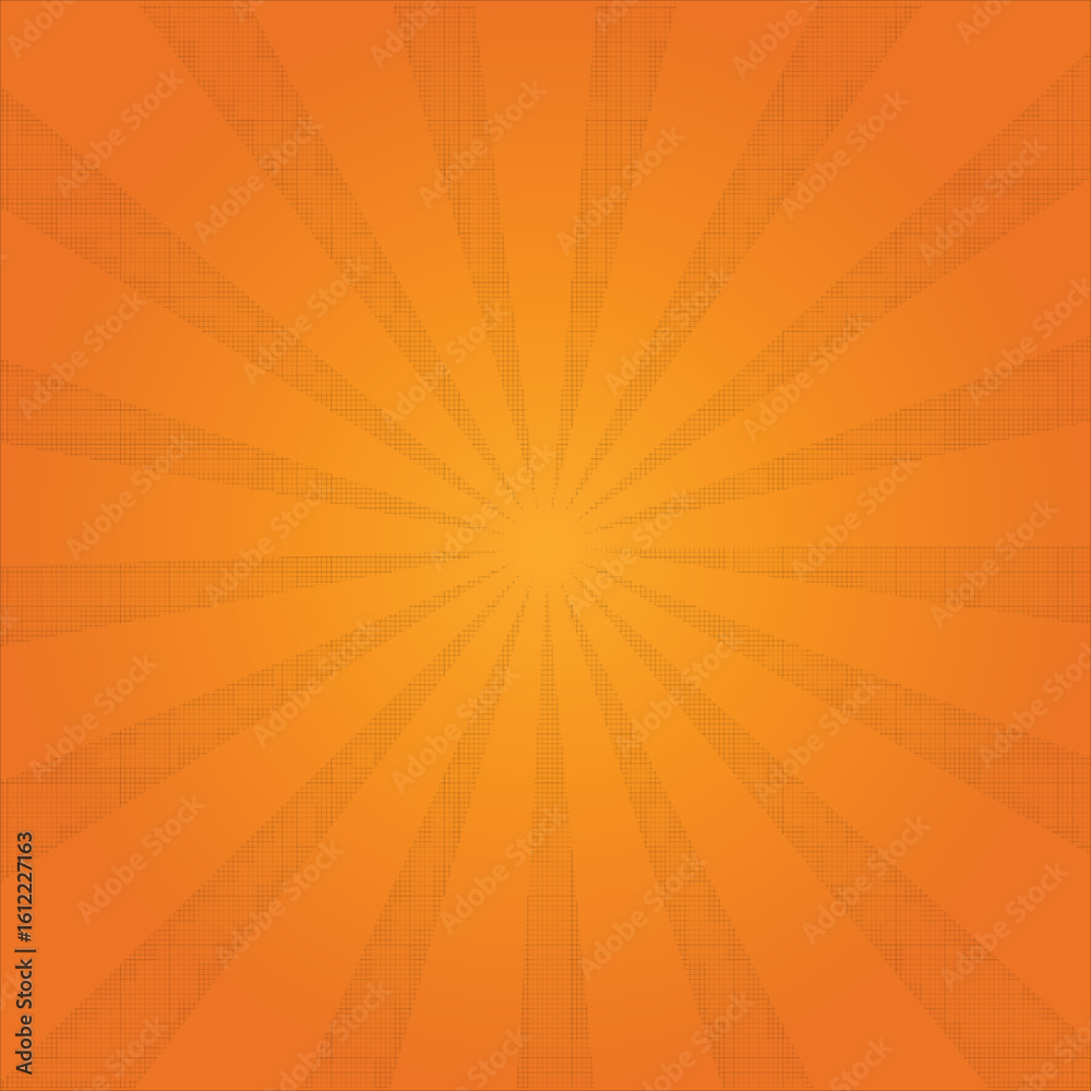 Fototapeta premium Bright Orange Sunburst Pattern Background with Subtle Textured Rays Emerging from the Center. new, trendy, 2025, unique,
