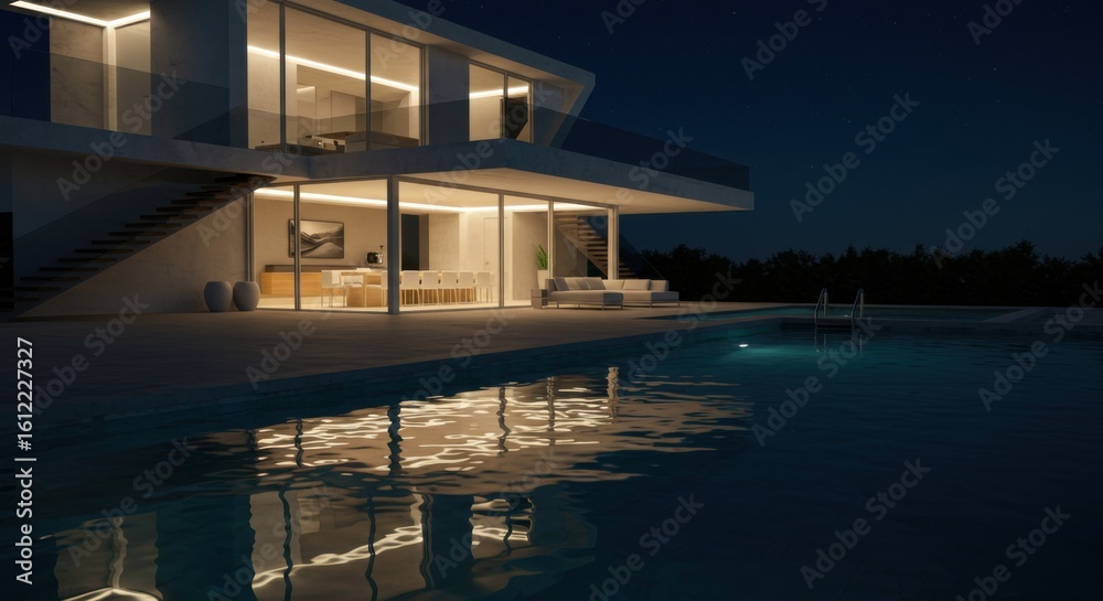 Fototapeta premium Modern luxury villa with swimming pool at night reflecting lights