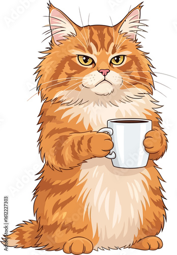 Ginger cat cartoon character holds a mug with a grumpy expression.