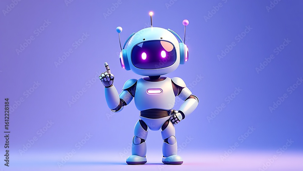Fototapeta premium Cute cartoon robot with glowing purple eyes and antennae