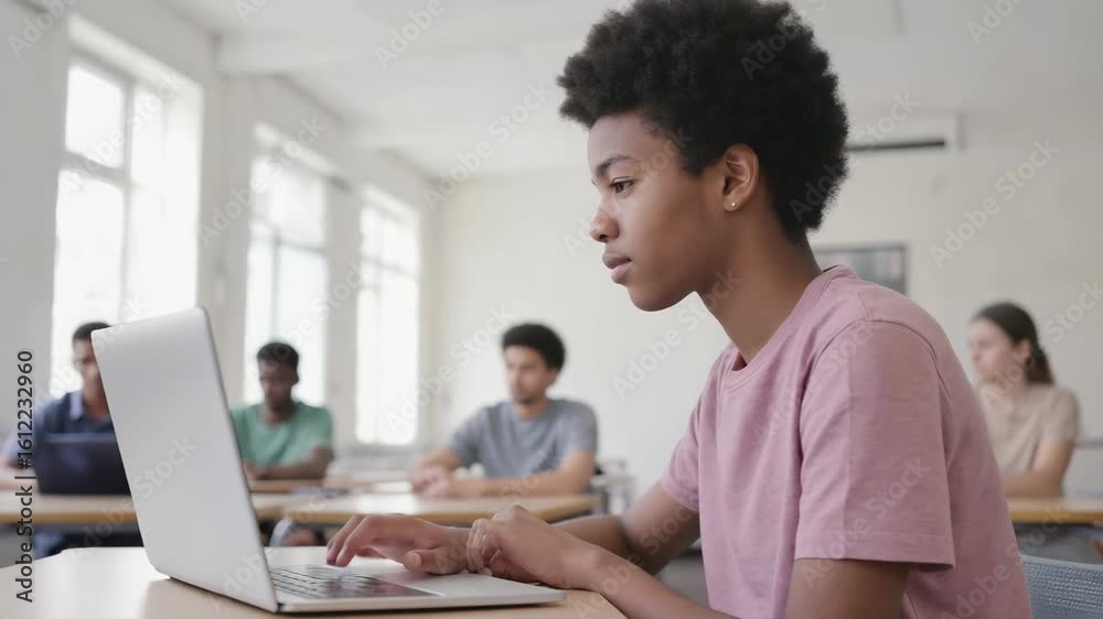 Focused student using a laptop with a learning mood in a classroom backdrop Focused student using a laptop with a learning mood in a classroom backdrop