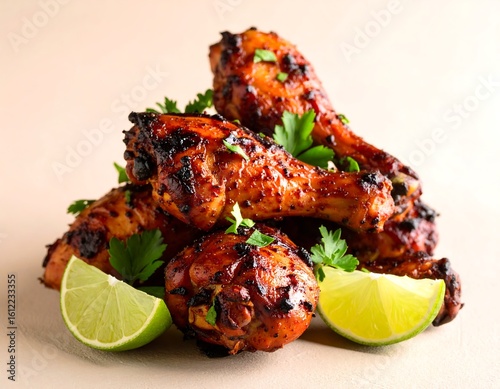 Grilled jerk chicken drumsticks served with fresh lime wedges for a flavorful meal