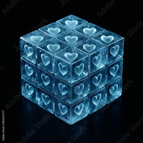 A crystal-clear ice cube made of frozen blocks with hearts inside. Cold and symbolic design representing frozen emotions, love, and fragile memory.