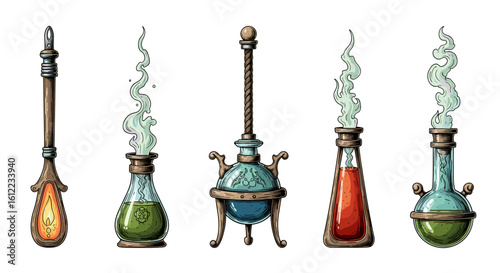 Whimsical collection of colorful potion vials with rising vapor illustration.