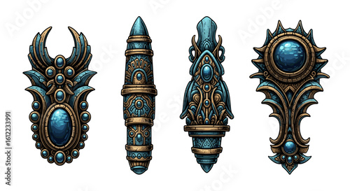 Mystical ancient totem artifacts with intricate metal and stone details