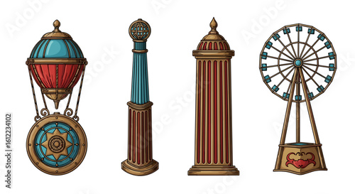 Steampunk Machines: Antique Colorful Architectural Devices and Victorian Era Fantasy