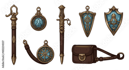 Set of illustrated fantasy artifacts isolated against a white background