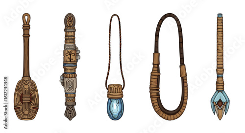 Mystical fantasy artifacts showcased against a pristine white canvas background.