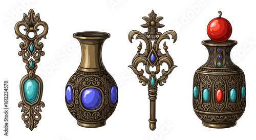 Ornate vessels collection, fantastical antique artifacts, jeweled vector illustrations
