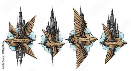 Steampunk flying machine, castle, a fanciful and creative surreal collage