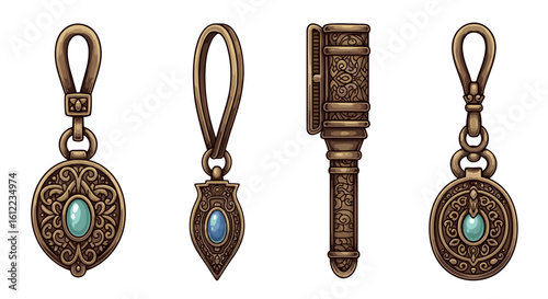 Intricate ornate fantasy charms and a decorated metallic staff design