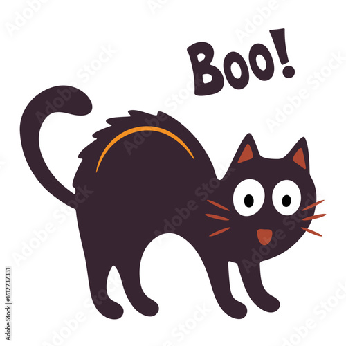 Adorable black cat with arched back and surprised eyes, accompanied by Boo text. Fun Halloween illustration isolated on transparent background. Vector art