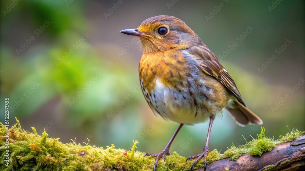Fototapeta premium A small robin bird with an orange breast perches on a mossy branch