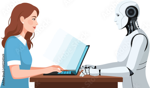 A woman typing on a laptop next to a robot on a brown table against a white background studio shot