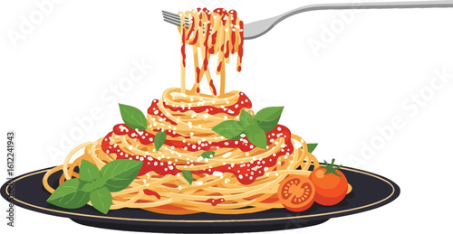 A stylized illustration of spaghetti with tomato sauce and basil on a black plate with a fork