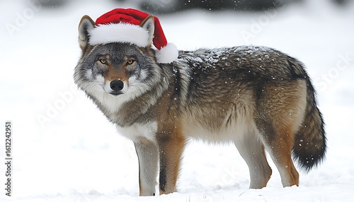 Wolf in Santa Hat with Winter Scene.