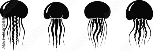Jellyfish Shape Silhouette Icon Vector Set - Marine, Ocean, Aquatic Life