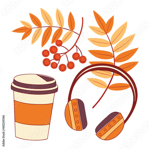 Autumn features headphones, fall foliage, and a coffee cup against a transparent background