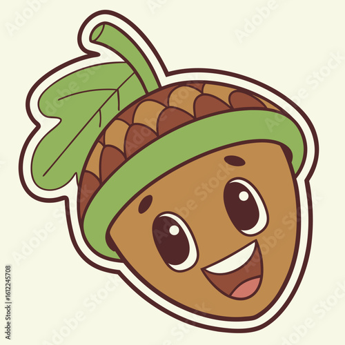 Cheerful acorn with a happy face and green leaf smiles brightly on cream background