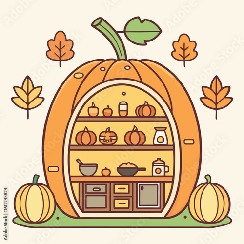 Cute pumpkin with a kitchen inside, surrounded by autumn leaves looks incredibly unique