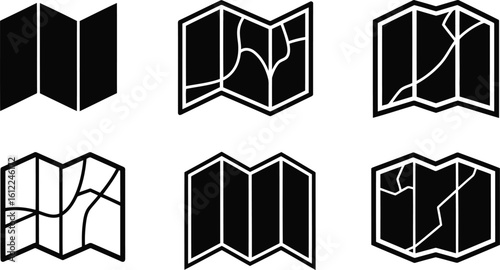 Map Folded Silhouette Icon Vector Set – Navigation Tool and Travel Guide