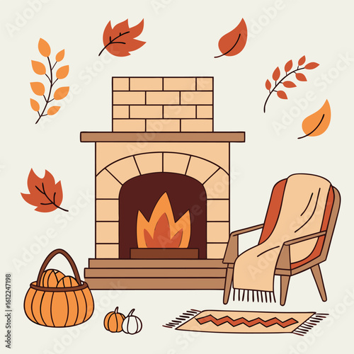 Warm fireplace near cozy armchair and basket with pumpkins under falling leaves signifies autumn