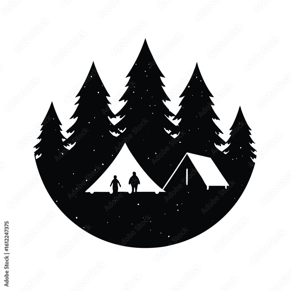 Obraz premium Camping scene with tents and trees silhouette
