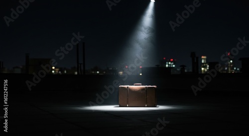 Suitcase under spotlight on rooftop at night