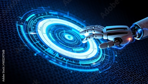 Robot hand interacting with a glowing futuristic digital interface