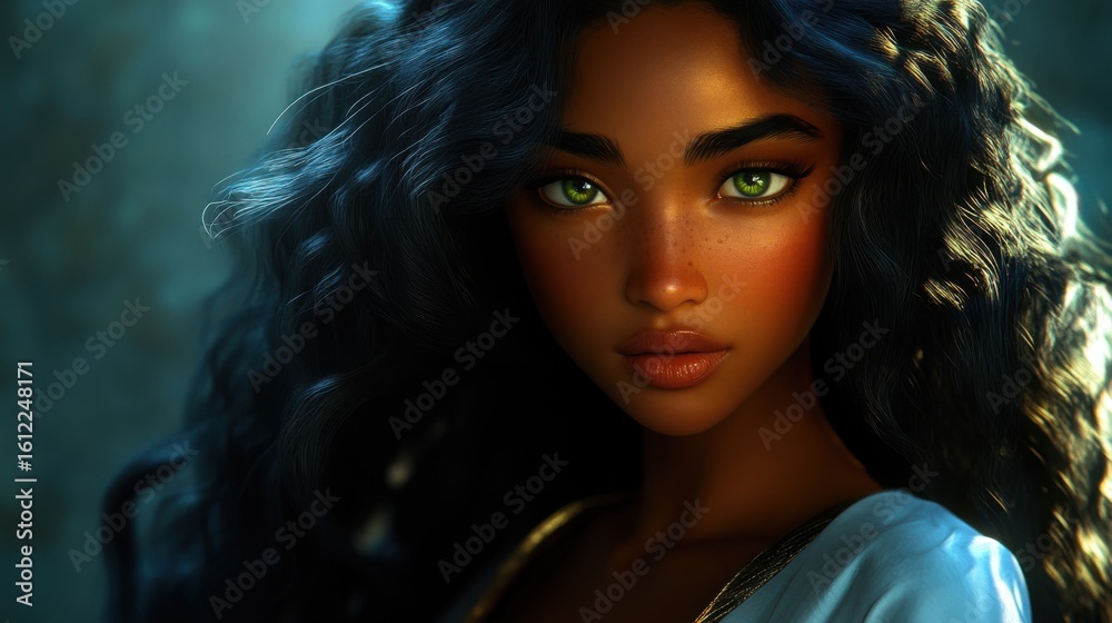 Fototapeta premium This captivating portrait features a young woman with glowing skin, striking features, and lively green eyes, radiating confidence and beauty in an enchanting light.