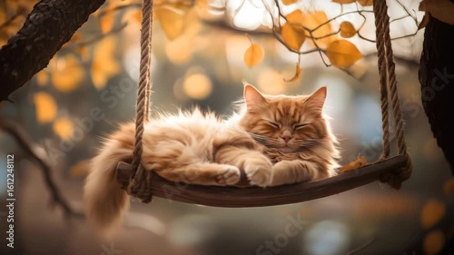 Ginger cat peacefully resting on a wooden swing surrounded by vibrant autumn leaves, with a rustic cabin in the background, capturing the essence of a serene fall day in nature