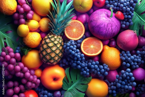 A colorful display of fruits including oranges, grapes, and pumpkins, captured with artistic flair against a multi-colored vibrant background offering a fresh and engaging visual appeal.