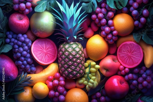 A lush medley of fruits ranging from tropical to traditional, emphasizing colorful aesthetics and creativity in composition against a rich-toned dark background for an inviting effect.
