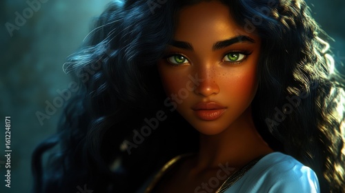This captivating portrait features a young woman with glowing skin, striking features, and lively green eyes, radiating confidence and beauty in an enchanting light.