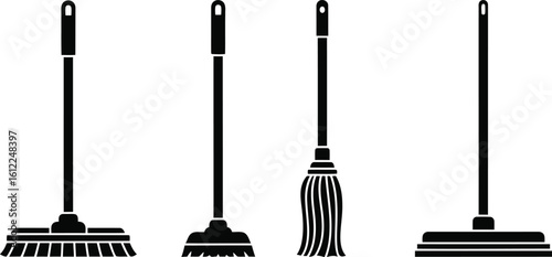Mop Stick Silhouette Icon Vector Set – Cleaning Tool and Household Equipment