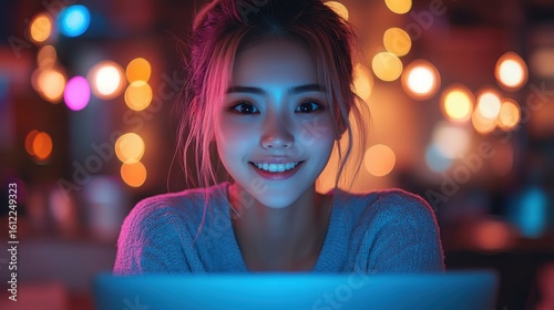 A charming young woman is illuminated by colorful bokeh lights as she interacts with her laptop, radiating happiness and connection through technology amidst a cozy atmosphere.