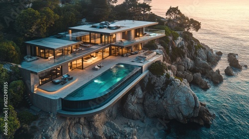 This modern cliffside residence features a stunning infinity pool that seamlessly blends into the ocean view, exemplifying luxurious living in harmony with nature's beauty.