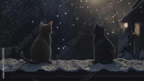 Two adorable kittens sit side by side on a rooftop, captivated by the soft falling snowflakes, encapsulating the innocence and wonder of winter nights.