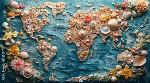 Sea style world map crafted from colorful shells flowers and marine elements showcasing intricate cartography and vibrant geography celebrating oceanic beauty