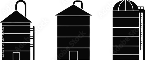 Farm Silo Silhouette Icon Vector Set – Agricultural Storage and Grain Tower