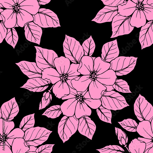 seamless contour pattern of large pink flowers on a black background, texture, design