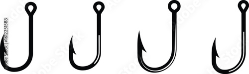 Fishing Hook Silhouette Icon Vector Set – Angling Tool and Outdoor Equipment