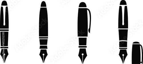 Fountain Pen Silhouette Icon Vector Set – Writing Instrument and Classic Tool